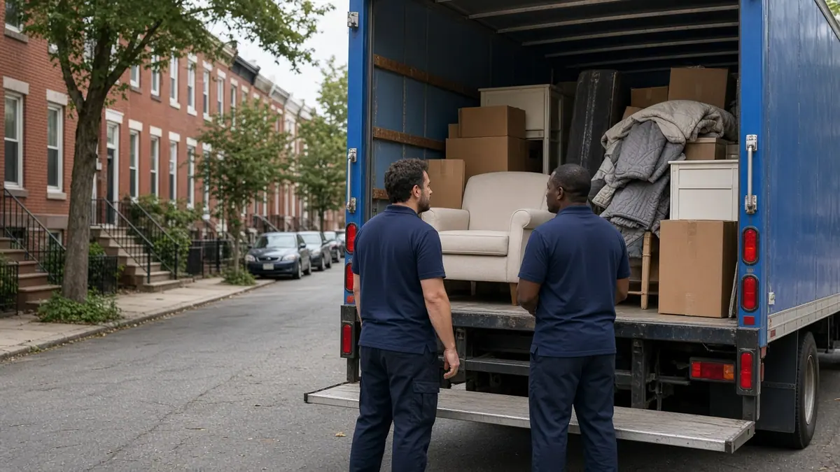 Workers looking at a half-loaded junk removal truck