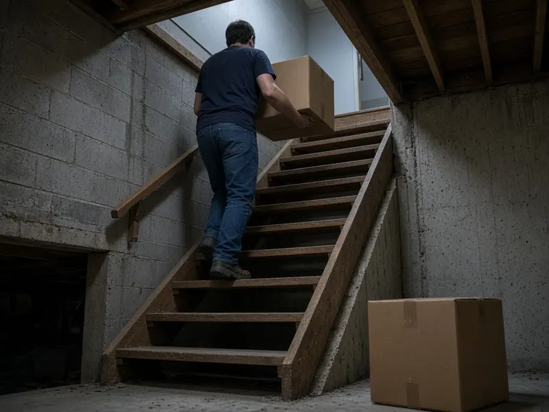 A worker carrying a box up basement stairs