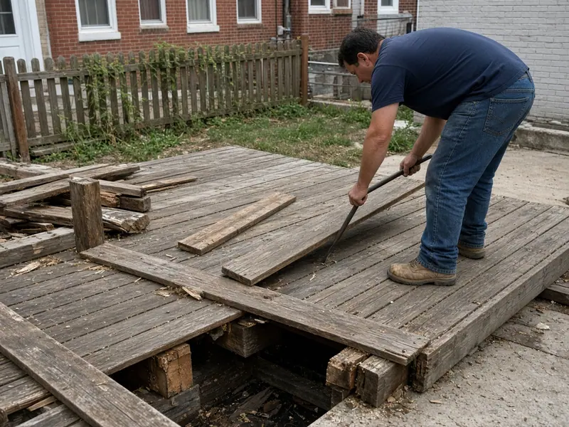 A wooden deck being taken apart