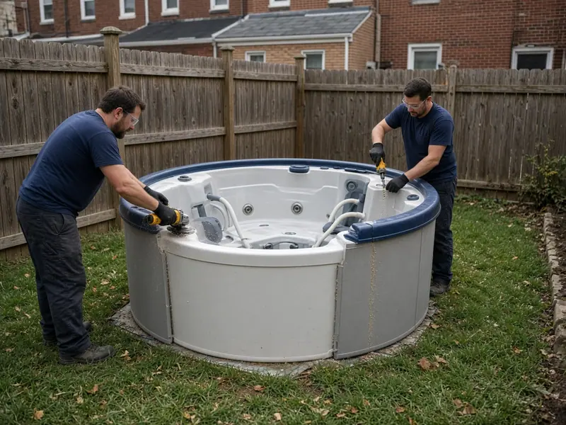 An above-ground hot tub being cut apart in a backyard