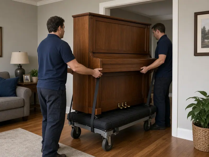 An upright piano on a dolly